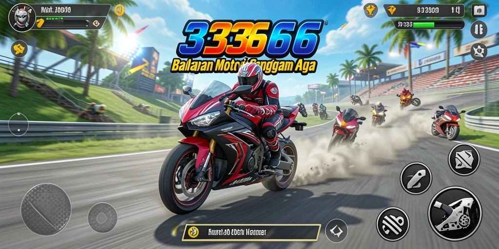 Screenshot utama 333666 menampilkan balapan motor yang intens dan cepat.