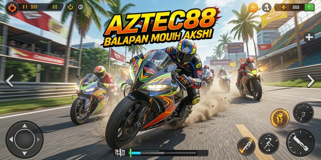 Screenshot gameplay AZTEC88 yang menampilkan aksi balapan motor yang mendebarkan.