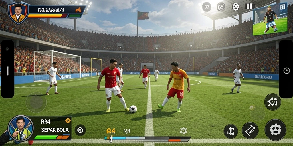 Screenshot utama RR44 menampilkan aksi seru dalam permainan sepak bola.